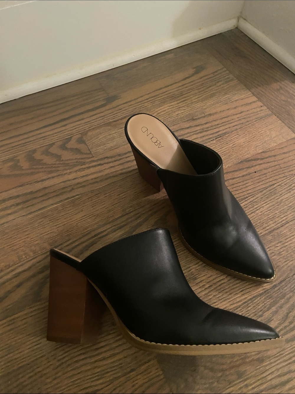 Abound Black Leather Pointed Mule with Brown Block Heel